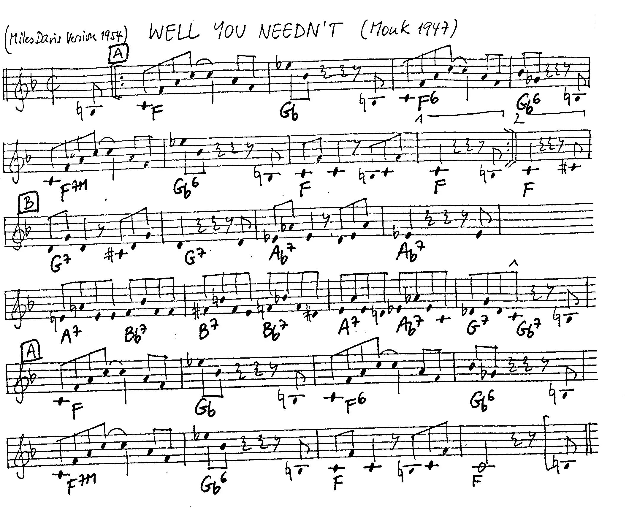 well you needn't free jazz leadsheet - Courtesy of the Jungle Jazz Band